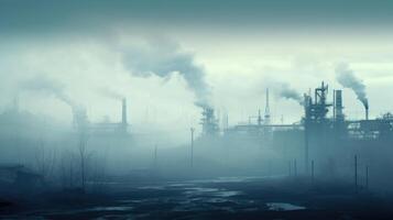 A thick layer of fog envelops a smokefilled industrial complex, creating a mysterious and otherworldly atmosphere in this stark landscape. photo