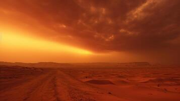 The sun is just a faint glow in the midst of this allconsuming dust storm, imposing its power over the barren terrain. photo