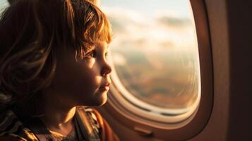 A childs imagination takes flight as they peer out the private jet window, enchanted by the whimsical shapes and shadows cast by the passing clouds. photo