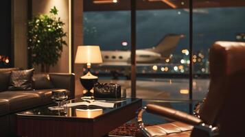 With the city lights shining below and the private jet soaring above, this business suite offers a tranquil setting for productive work or simply admiring the urban landscape from a birds photo