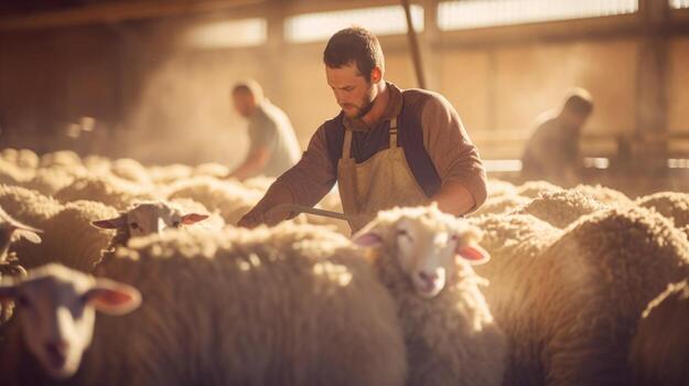 Rows upon rows of shearing sheds, buzzing with the sound of machinery and the bleating of sheep, as workers skillfully remove wool from each animal. photo