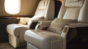 Travel in style and relaxation as you enjoy the picturesque cloudscape from your private jet, with our stylish footrests and ottomans offering the perfect place to kick back and unwind. photo