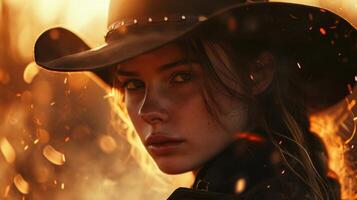 With a burst of sparks in the background, the cowgirls smoldering gaze captures the essence of the wild and untamed west. photo