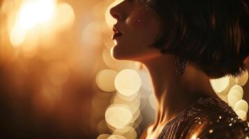A profile shot of a flapper wearing a sparkling, fringed dress, her face tilted up to catch the light just right. photo