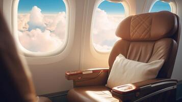 Indulge in firstclass seating with a heavenly view of the clouds as your backdrop, creating a peaceful and serene ambiance throughout your private jet journey. photo