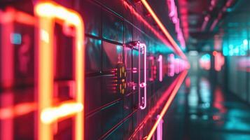 A glowing neon timeline that lights up to display major milestones and event photo