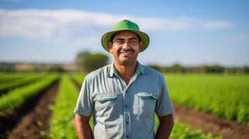 A farmer standing proudly in front of a field of flourishing crops, made possible by the governments financial support for embryobased farming techniques that have increased yield and photo
