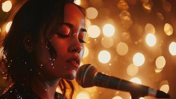 A portrait of the singer with her eyes closed, as she belts out a soulful tune, with shimmering sparks dancing around her in the dimly lit room. photo