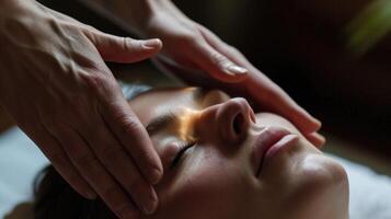 The practitioners hands briefly pause over the patients third eye, bringing a sense of clarity and connection. photo