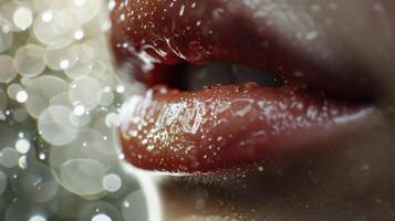 A closeup of a womans lips, glistening with the soft luminescent rain, giving them a plump and mesmerizing appearance. photo