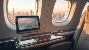 With the sleek city skyline in the background, this private jets inflight entertainment system boasts a sleek and modern design, delivering endless hours of entertainment during your photo