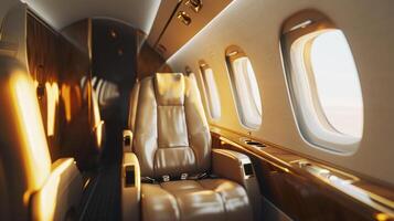 This private jet offers a unique and personalized flying experience with its custom seating arrangements. Set against the backdrop of grey, overcast skies, passengers can sit back and photo