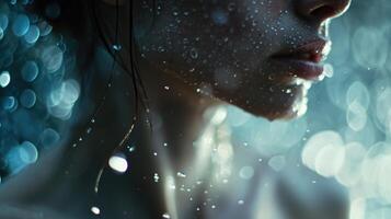 A closeup of the womans neckline, with the luminescent rain creating an intricate pattern on her skin, adding a delicate and mesmerizing touch to the portrait. photo