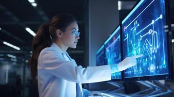 A laboratory scientist intently studying a diagram of genetic sequencing patterns on a hightech machine, complete with animated graphics and realtime analysis. photo