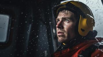 In the midst of a raging storm, a brave rescue worker gazes into the turbulent waters, their reflection a reminder of the risks they take to save lives. photo