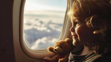 From their seat on the private jet, a child smiles in fascination as they watch their beloved toys explore the endless cloudscape outside the window. photo