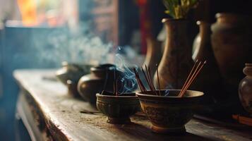 Incense burns in the background, filling the room with a calming aroma. photo
