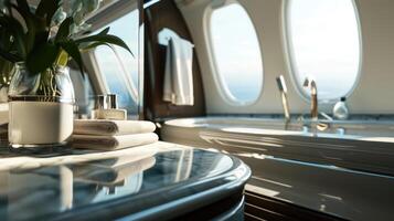 Indulge in a spalike experience on board with lavish bathroom features and a panoramic view of the sky from the private jet window. photo
