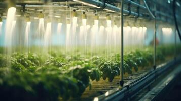 The sound of clinking machinery echoes through the vast halls of a mega farm, as automated watering systems work tirelessly to hydrate rows of crops. photo