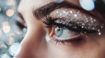 A womans eyes, framed with long faux lashes coated in shimmering white glitter to add a touch of frost to her look. photo