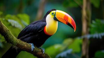 An upclose view of a colorful toucan perched in the canopy of a rainforest, a reminder of the vital role that birds play in seed dispersal and pollination within these biodiverse habitats photo