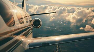 As the private jet soars through the sky, a hardworking journalist uses the peaceful, unobstructed view of the open sky and distant horizon as their writing sanctuary, crafting their photo