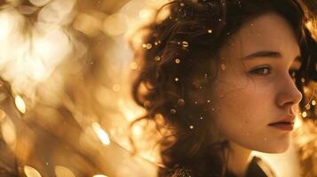 An angelic portrait of a Victorian lady with soft curls cascading down her shoulders, her face illuminated by shimmering antique sparks. photo