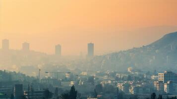 The smog hangs low over the city, obscuring buildings and monuments in a blanket of pollution. photo