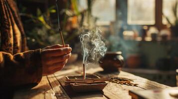 The gentle crackle of a woodsy scented incense stick as a person meditates, surrounded by the aroma of sandalwood and cedar. photo