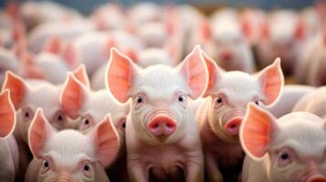 Rows and rows of identical pigs snuffling around in a controlled environment, the culmination of years of selective and techniques to perfect their desired characteristics. photo