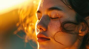 A portrait of a woman with her eyes closed and her lips parted, her skin glowing with a soft golden light from the imaginary wind. photo