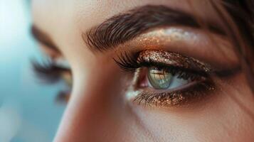 Closeup of a womans eyes, sparkling with a shimmering silken thread effect on her eyeshadow. photo