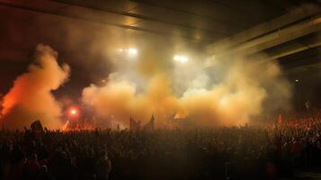 As the music reaches a , the smoke machine unleashes a burst of fog, intensifying the energy in the packed stadium. photo