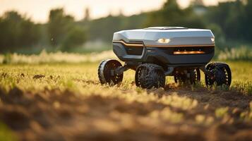 A picture of a robotic harvester, equipped with sensors and AI algorithms, precisely collecting ripe crops from a field while maximizing efficiency and reducing waste. photo