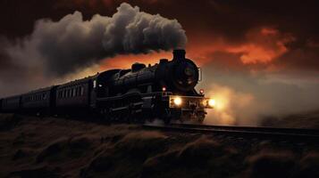 A vintage steam engine emerges from a dense fog bank, its powerful presence representing the industrial progress of a bygone era. photo