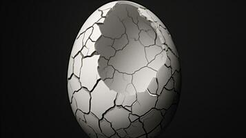 A black and white photograph of a cracked egg with a small, intricate sculpture of inside, symbolizing the fragility and potential of fertility. photo