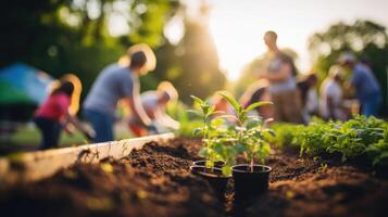 A diverse group of individuals working together to plant, water, and harvest crops on a community farm. This collaborative farming network allows for the sharing of resources and photo