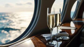 Let the mesmerizing view of the ocean through your private jets window enhance your champagnesipping experience, as you fly in style and sophistication. photo