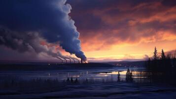 A mesmerizing scene unfolds as the factorys smoke intertwines with the deep purples and blues of the evening sky. photo