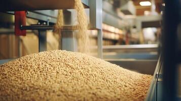 A busy feed mill hums with the sound of machinery as workers bag and package various types of feed, labeling them for specific animals and nutritional needs. photo