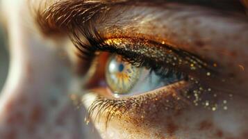 A closeup of a womans eye, with a subtle shimmer of gold on the lids, creates a reflection of glistening ocean waters. photo