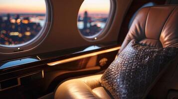 The combination of supple leather, intricate stitching, and a stunning cityscape outside the window make for the ultimate private jet experience, where every aspect has been carefully photo