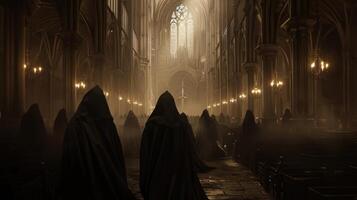 As the organ pipes sound with a deep ominous tone a procession of robed figures makes their way down the aisle their faces hidden under cloaks adding to the cathedrals eeri photo