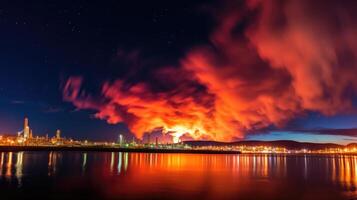 The night sky plays host to a fiery spectacle, as refinery flares burn bright and send billowing smoke into the air. photo
