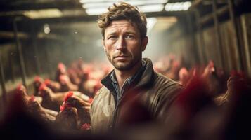 A photo of a farmer standing in front of a group of chickens in cramped cages, representing the dilemma of balancing profitability and animal welfare.