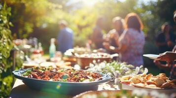 An outdoor community potluck, where dishes made from ingredients grown in the local community are shared and enjoyed by all. photo