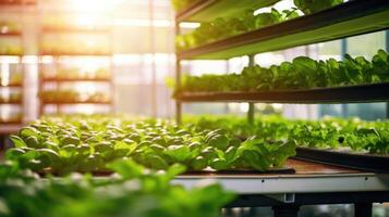 In a vast warehouselike setting, rows and rows of large trays filled with rainbow trout and towering stacks of leafy greens sit side by side, showcasing the impressive merging of photo
