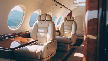 The private jets elegant interior is a stark contrast to the serene lakes passing by outside its windows, creating a unique and luxurious travel experience. photo