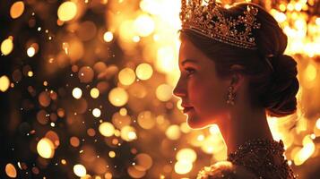 The queens regal profile, highlighted by soft sunlight and accented by sparkling gems and royalcolored sparks, showcasing her beauty and strength. photo