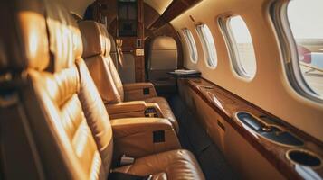 This private jet offers personalized and luxurious seating arrangements for the ultimate flying experience. As you soar through the skies, take in the beauty of the overcast horizon photo